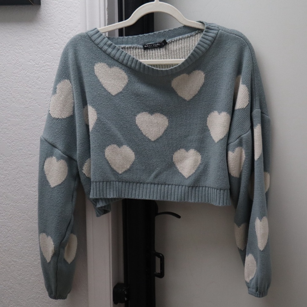 Nasty Gal Blue Cropped Heart Sweater